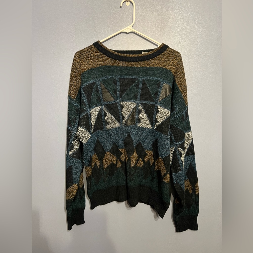 Vintage Urban Works Grandpa Style Color Block Sweater W Faux Leather Trim SZ LG‎